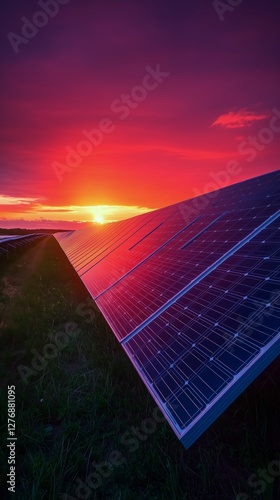 Solar Panels Reflecting Sunset Light in a Serene Rural Landscape
