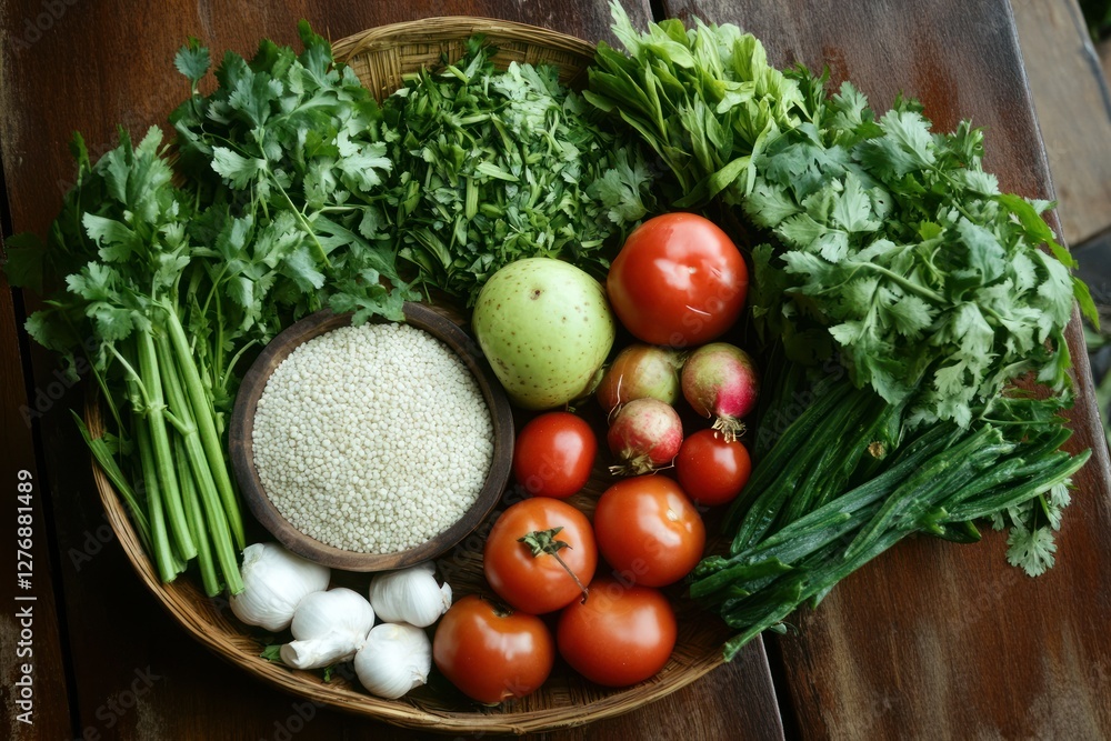 Fresh Organic Vegetables and Herbs in a Rustic Basket Arrangement Fresh Organic Vegetables and Herbs in a Rustic Basket Arrangement