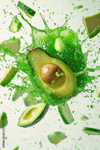 Exploding avacado burst, vibrant green and green color palette, juice splashes and avacado fragments flying outward photo