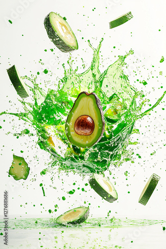 Exploding avacado burst, vibrant green and green color palette, juice splashes and avacado fragments flying outward photo