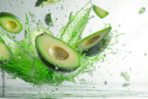 Exploding avacado burst, vibrant green and green color palette, juice splashes and avacado fragments flying outward photo