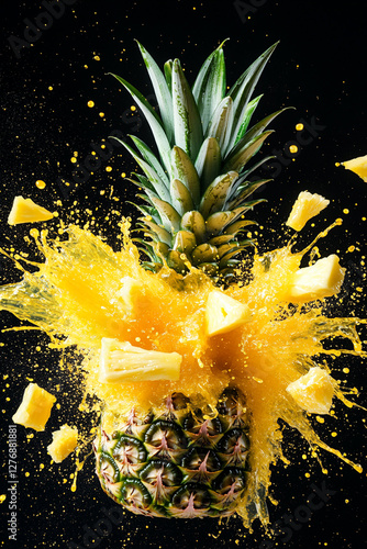 Exploding pineapple burst, vibrant yellow and yellow color palette, juice splashes and pineapple fragments flying outward photo