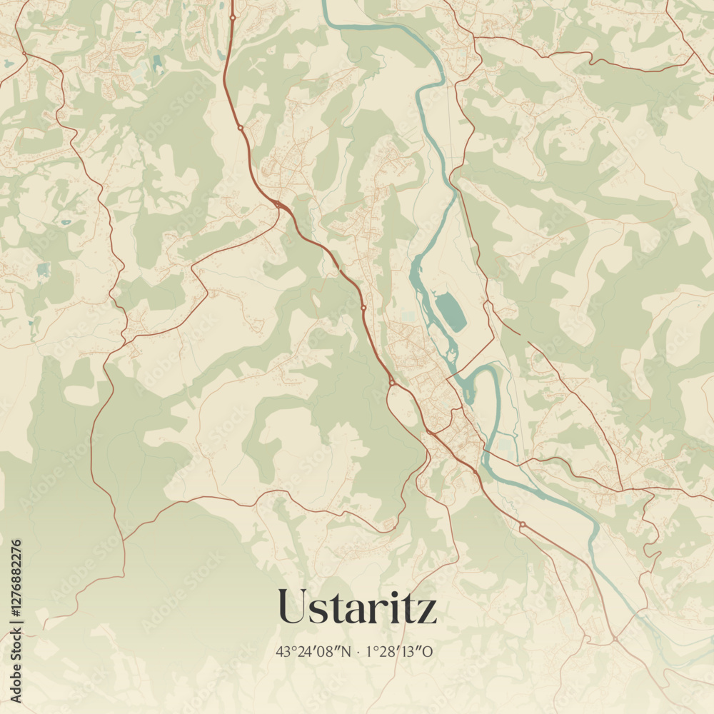 Fototapeta premium Vintage map of Ustaritz, France.