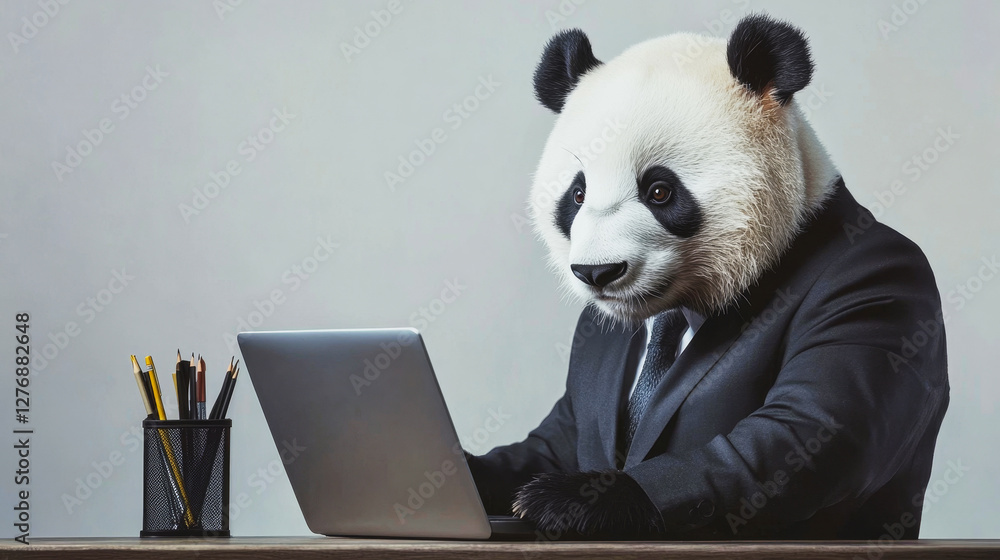 Naklejka premium Realistic panda in business suit works intently at laptop in modern office environment