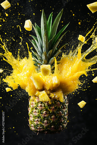 Exploding pineapple burst, vibrant yellow and yellow color palette, juice splashes and pineapple fragments flying outward photo