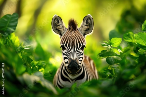 Close-up Portrait of a Young Zebra Among Lush Green Foliage