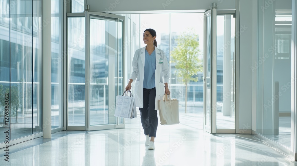 Hospital discharge with a patient walking out with a small bag. Featuring freedom and new beginnings Hospital discharge with a patient walking out with a small bag. Featuring freedom and new beginnings
