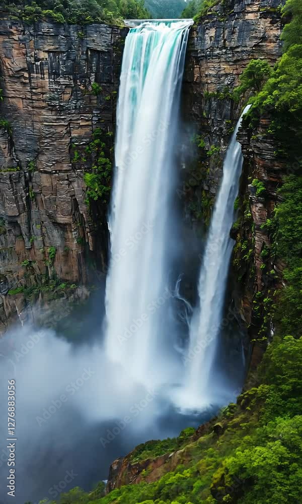 Cinematic Aerial Drone Vertical Shot View of a Majestic Waterfall in a Lush Green Canyon Landscape at Sunset Cinematic Aerial Drone Vertical Shot View of a Majestic Waterfall in a Lush Green Canyon Landscape at Sunset