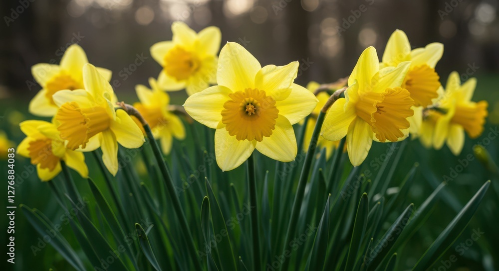 Fototapeta premium Bright yellow daffodils blooming in lush green field on a sunny spring day
