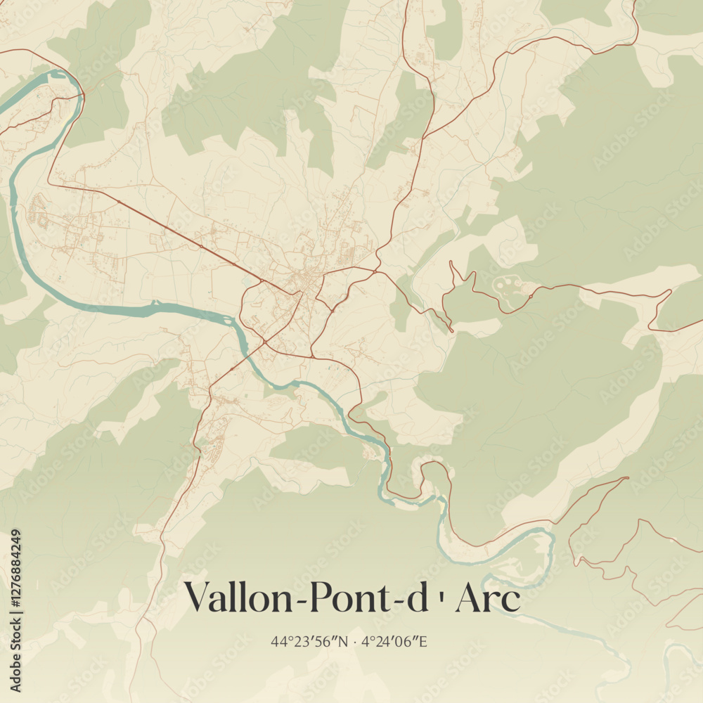 Obraz premium Vintage map of Vallon-Pont-d'Arc, France.