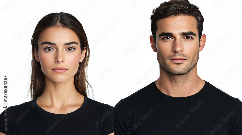 Woman and man wearing black t-shirts on white background, closeup. Collage of photos Woman and man wearing black t-shirts on white background, closeup. Collage of photos