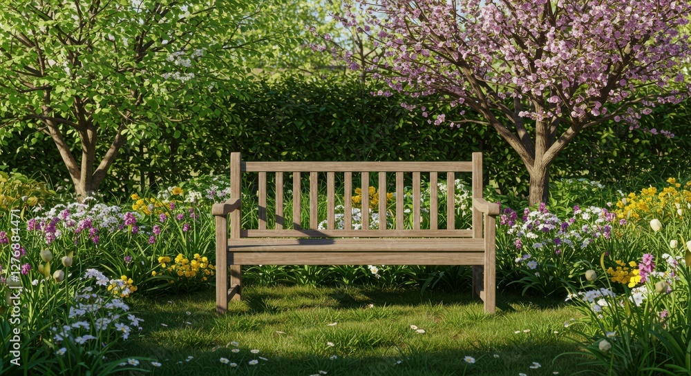 Wooden bench in tranquil spring garden with blooming trees and colorful flowers