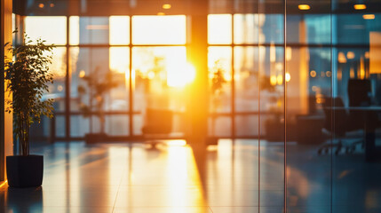 Modern office interior with warm sunlight and a blurred background for video conferencing