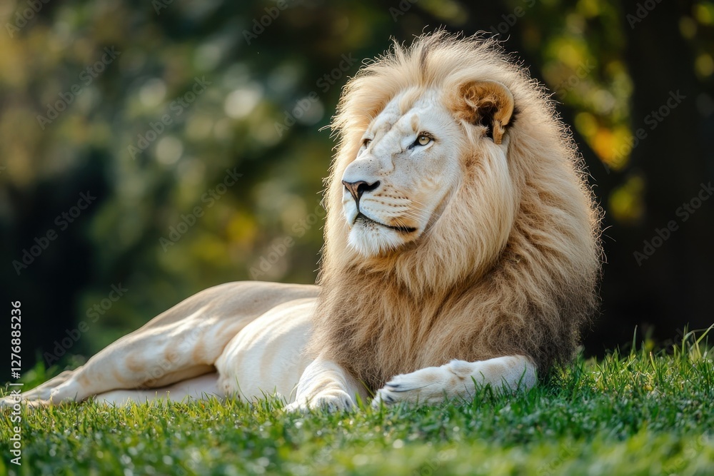 Majestic Lion Resting Gracefully in Vibrant Green Meadow Majestic Lion Resting Gracefully in Vibrant Green Meadow