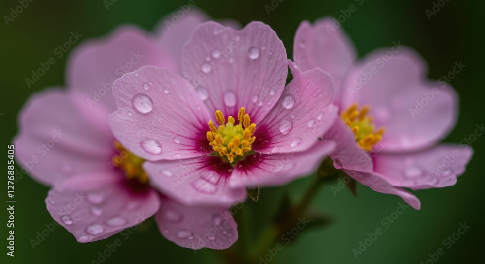 Close-up of pink flowers with dew drops and yellow center against green background Close-up of pink flowers with dew drops and yellow center against green background