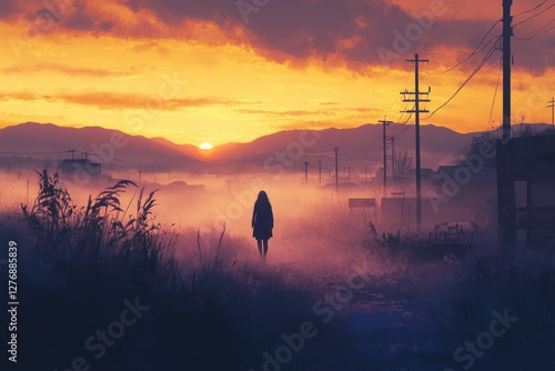 Solitary Figure Walking Through Misty Landscape at Sunset Twilight