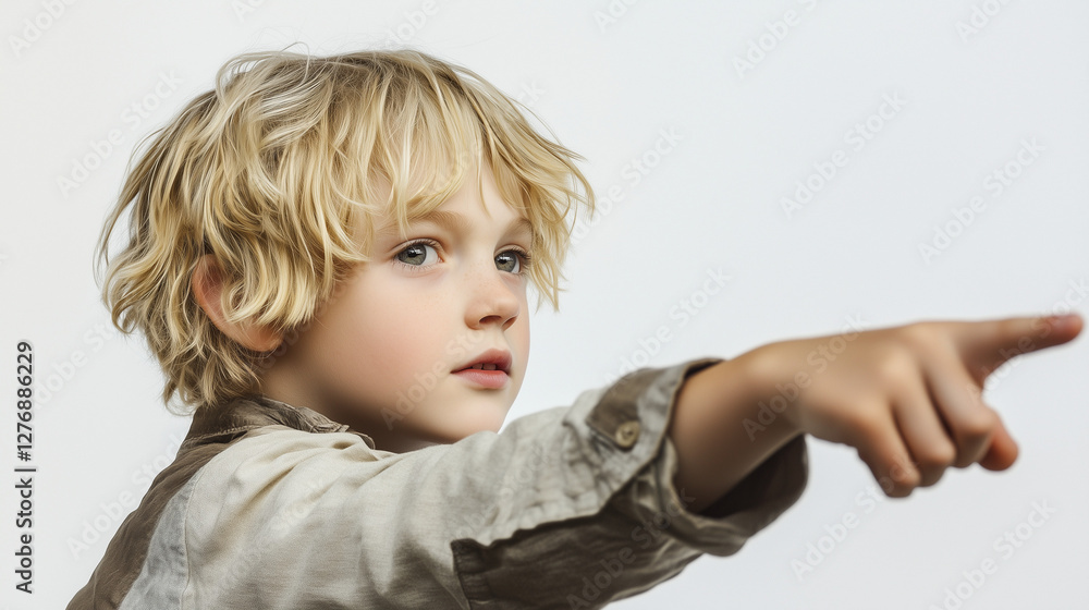 Young blonde boy pointing at something, white background Young blonde boy pointing at something, white background