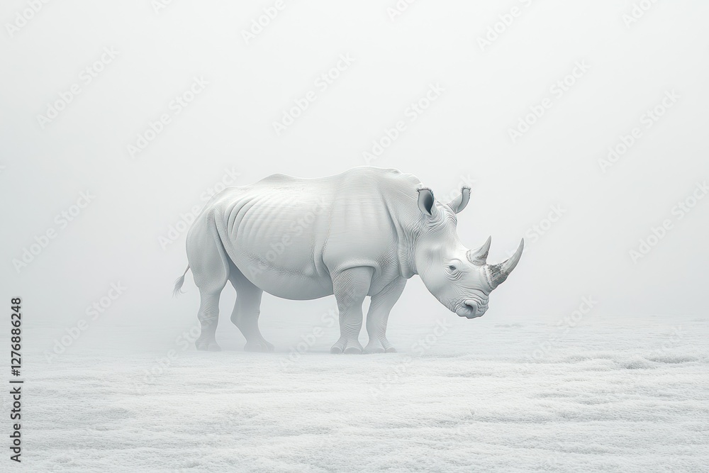 Fototapeta premium White Rhinoceros Standing Alone in Misty Environment