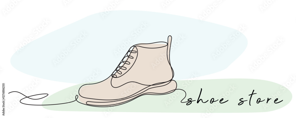 Fototapeta premium Line Art Shoe Boot Doodle Silhouette. Modern Store Shop Banner Advertising Background. Footwear Trendy Minimalist Theme. Continuous Editable Vector Thin Sketch Stroke.