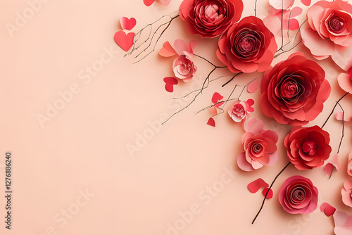 Background with roses, Minimalist Still Life of Red and Pink Paper Flowers