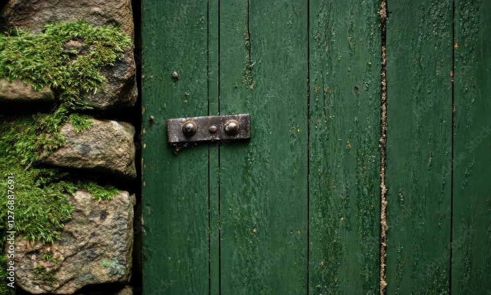This image features a rustic green door embraced by natural moss and stones, symbolizing the passage and the intersection of human-made structures and the natural world. This image features a rustic green door embraced by natural moss and stones, symbolizing the passage and the intersection of human-made structures and the natural world.