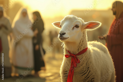 Qurbani sheep in the foreground, wearing a red ribbon, as a family in traditional Islamic clothing gathers in the background, preparing for the Eid al-Adha ritual