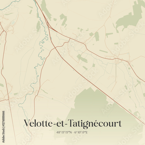 Vintage map of Velotte-et-Tatignécourt, France.