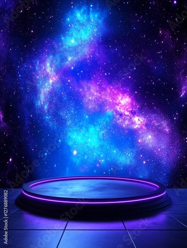 Fototapeta Naklejka Na Ścianę i Meble -  Spaceship Deck Podium and Nebula View - Futuristic 3D empty podium on a spaceship deck overlooking a vibrant nebula. Symbolizing innovation, exploration, discovery, technology, and the vast universe