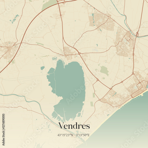Vintage map of Vendres, France.