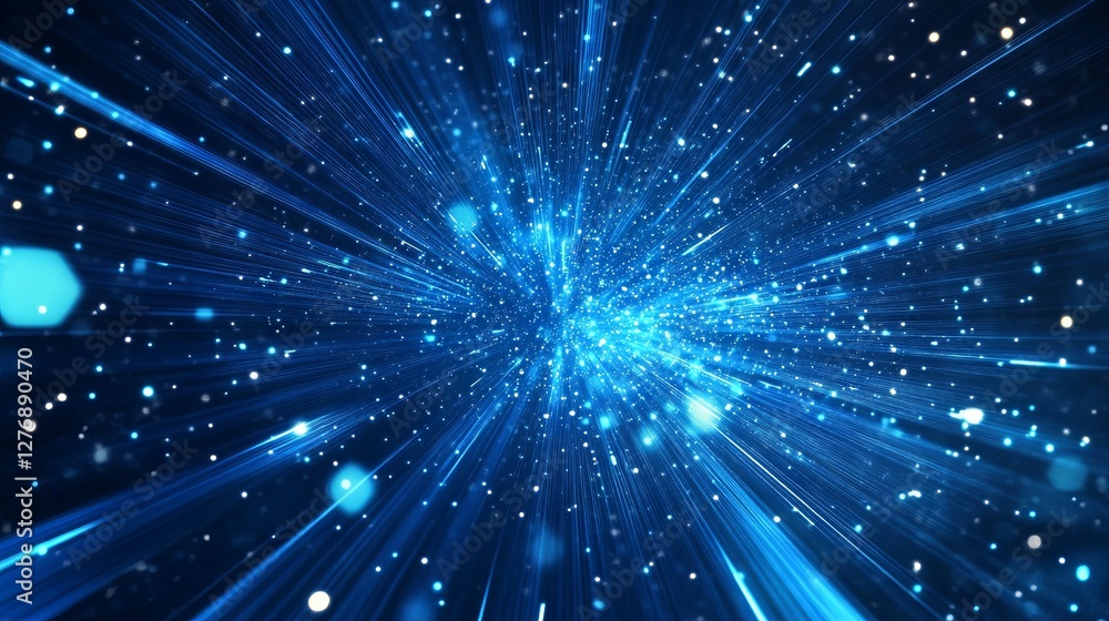 Naklejka premium An abstract blue backdrop featuring neon rays, glowing light flashes, and dynamic lines