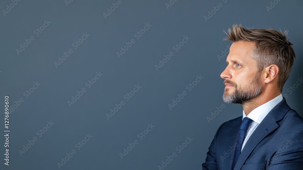Profile of a confident businessman in a suit against a gray background, looking thoughtfully to the side. Profile of a confident businessman in a suit against a gray background, looking thoughtfully to the side.