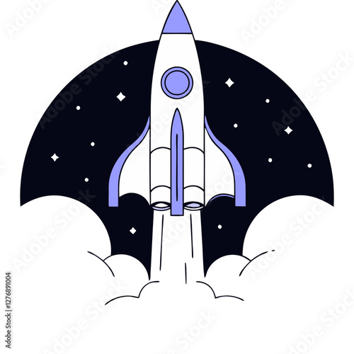 A rocket ship ascends into the night sky, surrounded by twinkling stars and billowing clouds, symbolizing ambition and the spirit of exploration into distant realms