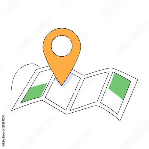 Simplistic design of a map with a location pin signifies navigation and wayfinding in city environments. This symbol is useful for app interfaces and travel-related content