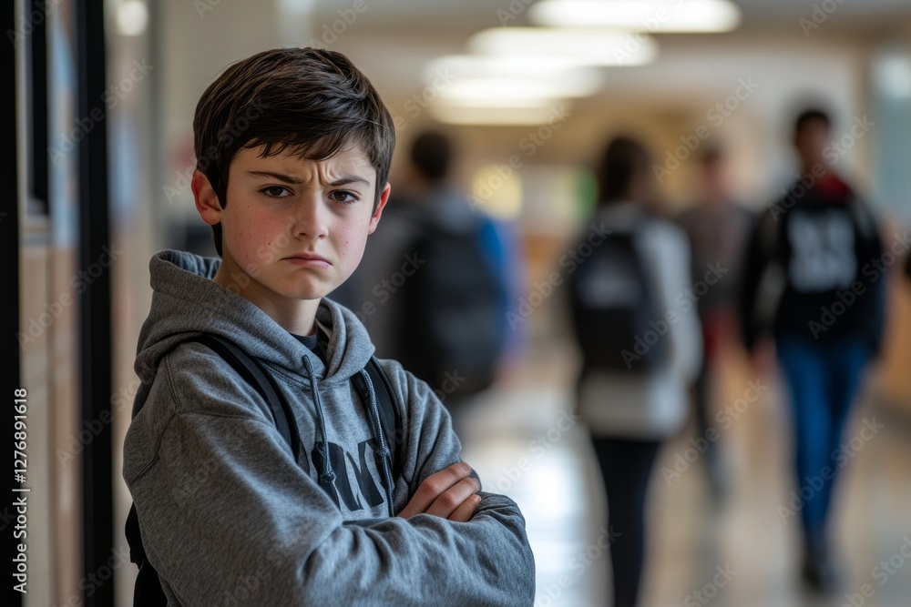 Young student with serious expression stands in school hallway during busy hours, surrounded by peers engaged in various activities, conveying a sense of focus and determination