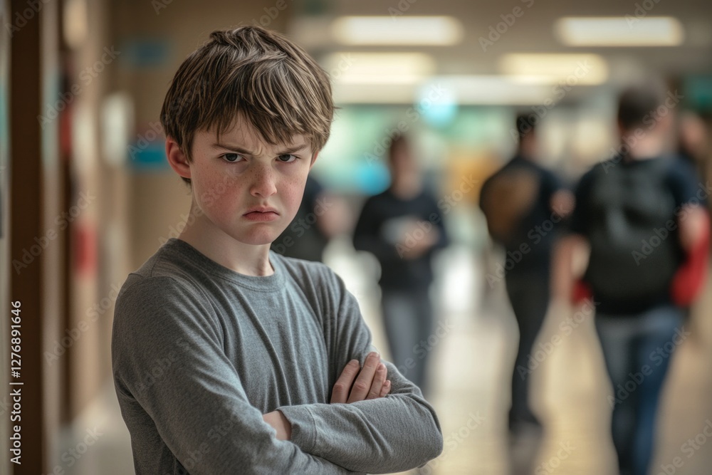 Young boy with crossed arms and a serious expression in a school hallway during the day while students walk in the background
