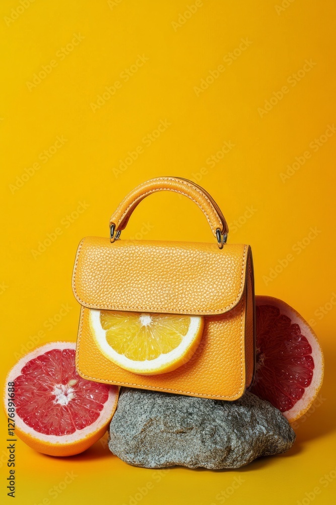 Bright yellow handbag with a lemon slice on display against a vibrant yellow background surrounded by grapefruit slices and a rock