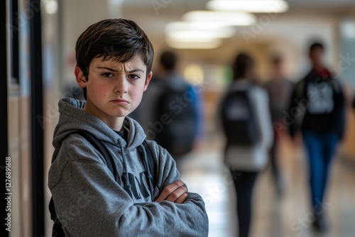 Obraz na płótnie Young student with serious expression stands in school hallway during busy hours, surrounded by peers engaged in various activities, conveying a sense of focus and determination w salonie