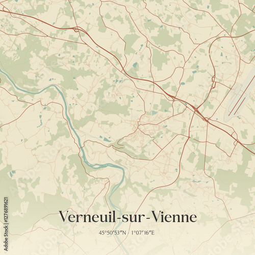 Vintage map of Verneuil-sur-Vienne, France.