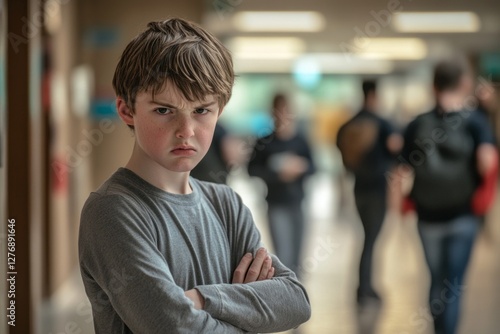 Obraz na płótnie Young boy with crossed arms and a serious expression in a school hallway during the day while students walk in the background w salonie