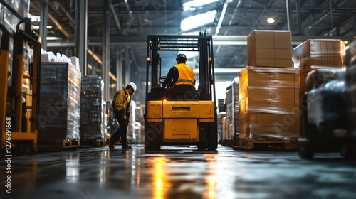 Forklift Efficiency in Warehouse: Capturing the dynamic interior of a busy warehouse, two workers expertly maneuver a yellow forklift amidst stacks of goods.
