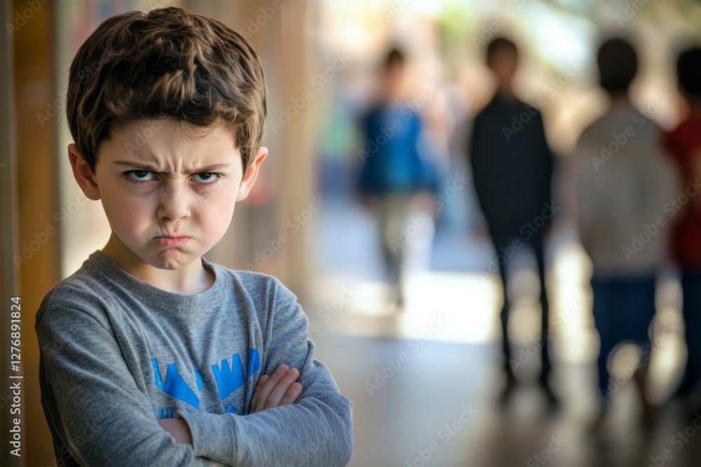 Young boy displays frustration while standing with crossed arms in a busy public space during daytime among blurred background figures