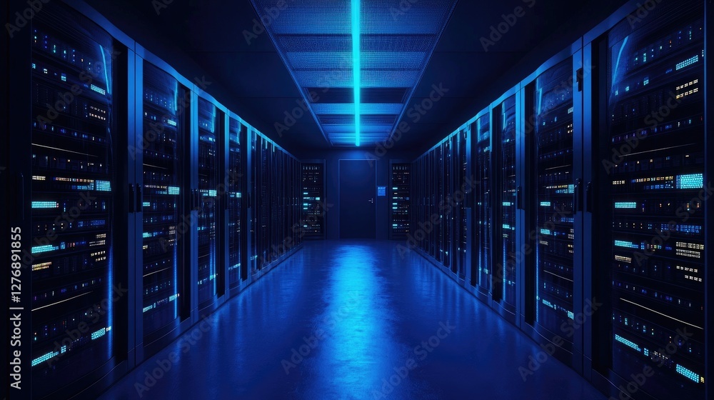 Futuristic data center with glowing blue server racks, illuminated corridors, and advanced technology. Ideal for cybersecurity, cloud computing, IT infrastructure, and digital security concepts Futuristic data center with glowing blue server racks, illuminated corridors, and advanced technology. Ideal for cybersecurity, cloud computing, IT infrastructure, and digital security concepts