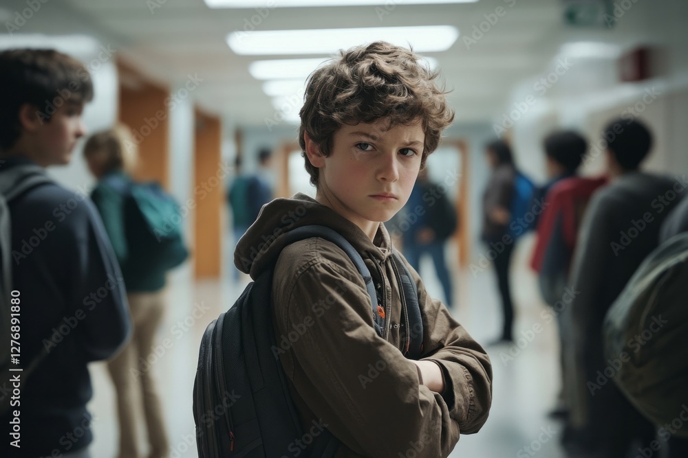 Young student stands confidently in school hallway surrounded by peers during a busy school day in the afternoon