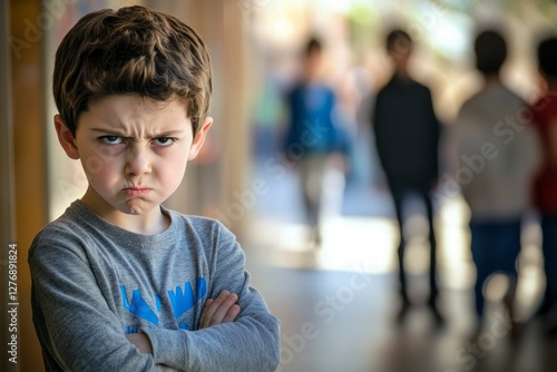 Obraz na płótnie Young boy displays frustration while standing with crossed arms in a busy public space during daytime among blurred background figures w salonie