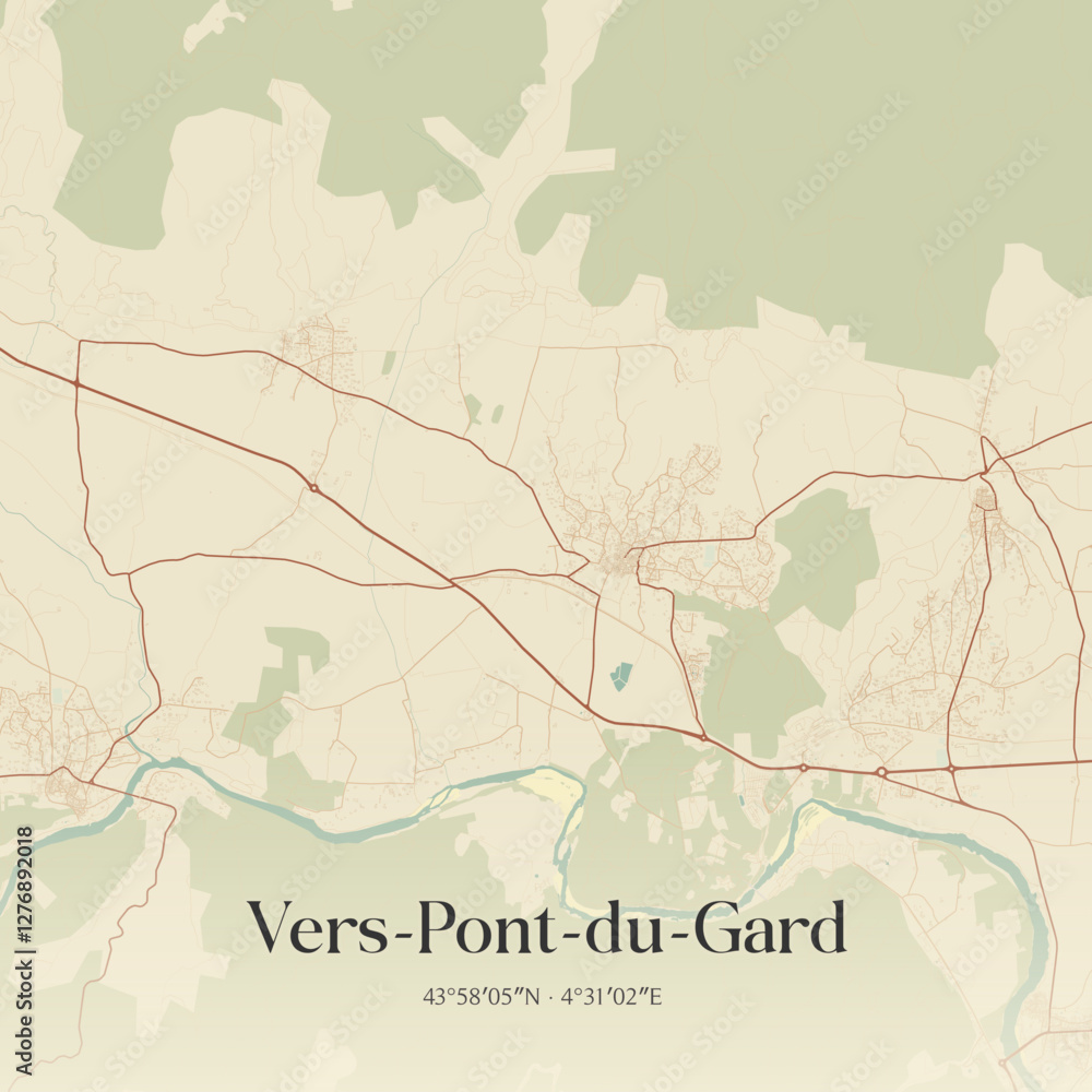 Fototapeta premium Vintage map of Vers-Pont-du-Gard, France.