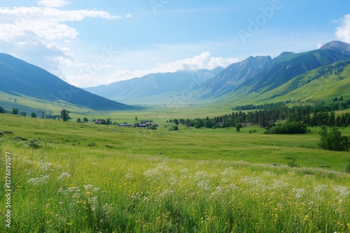 Obraz na płótnie Expansive green valley surrounded by majestic mountains under a bright blue sky captures the beauty of nature in a peaceful rural setting w salonie