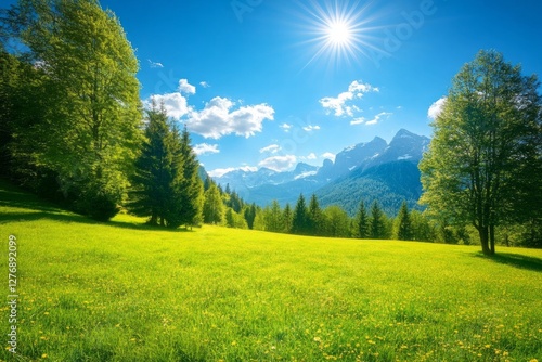 Obraz na płótnie Expansive green meadow under bright blue sky with majestic mountains in the distance on a sunny day w salonie