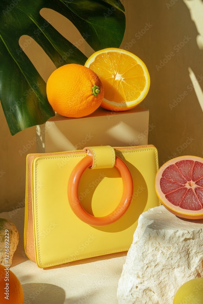 Colorful yellow handbag with vibrant citrus fruits and green leaves on display in bright sunlight during a summer afternoon