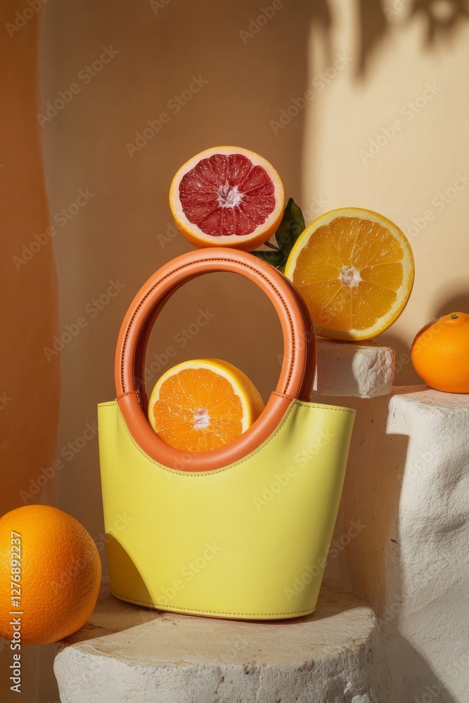 Stylish yellow handbag is artistically arranged with fresh citrus fruits on a light background at a creative photoshoot in a sunlit studio