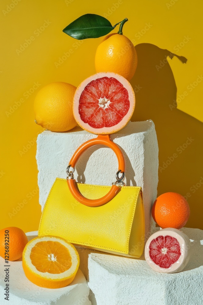 Colorful handbag displayed alongside vibrant citrus fruits in a bright yellow setting captures the essence of playful summer accessories